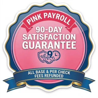 Pink Payroll 90-Day Satisfaction Guarantee Badge — All Base & Per Check Fees Refunded